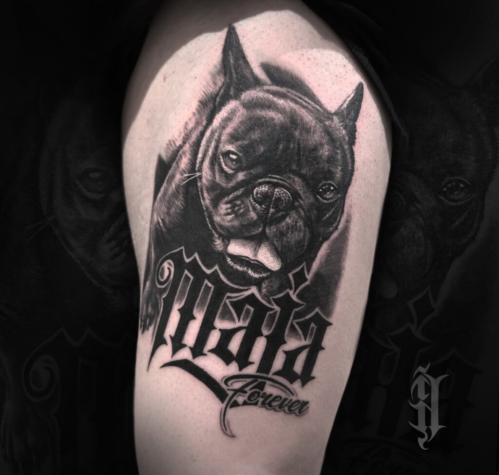 Realistic Dog Portrait with Name and Forever Tribute Tattoo dog memorial tattoos tattoo