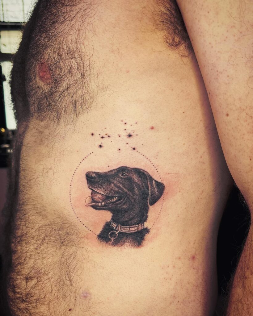 Realistic Dog Portrait with Starry Constellation Tattoo dog memorial tattoos tattoo