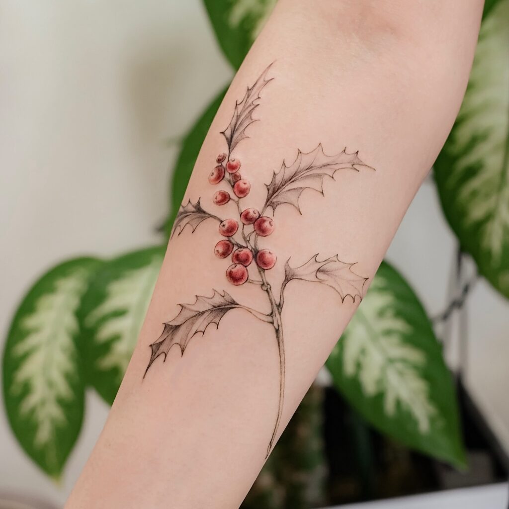 Realistic Holly Sprig Tattoo with Red Berries december birth flower tattoo ideas tattoo