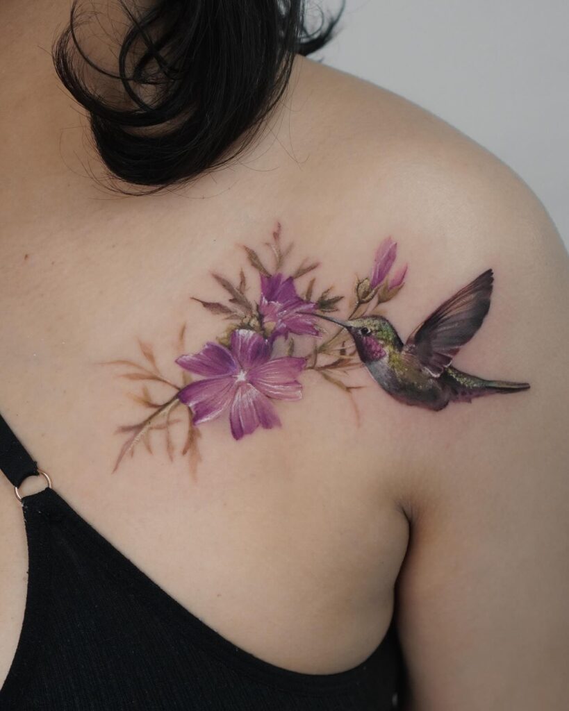 Realistic Hummingbird and Purple Cosmos Shoulder Tattoo hummingbird tattoos tattoo