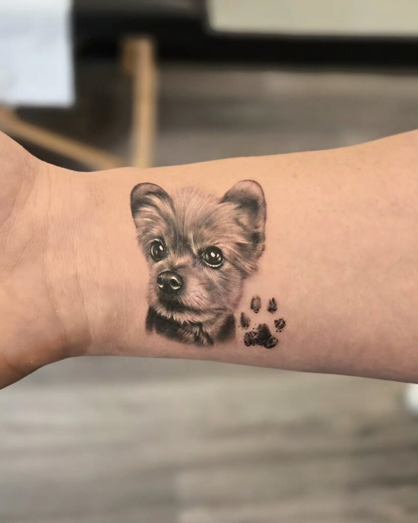 Realistic Pet Portrait with Paw Print Tattoo paw print tattoo ideas tattoo