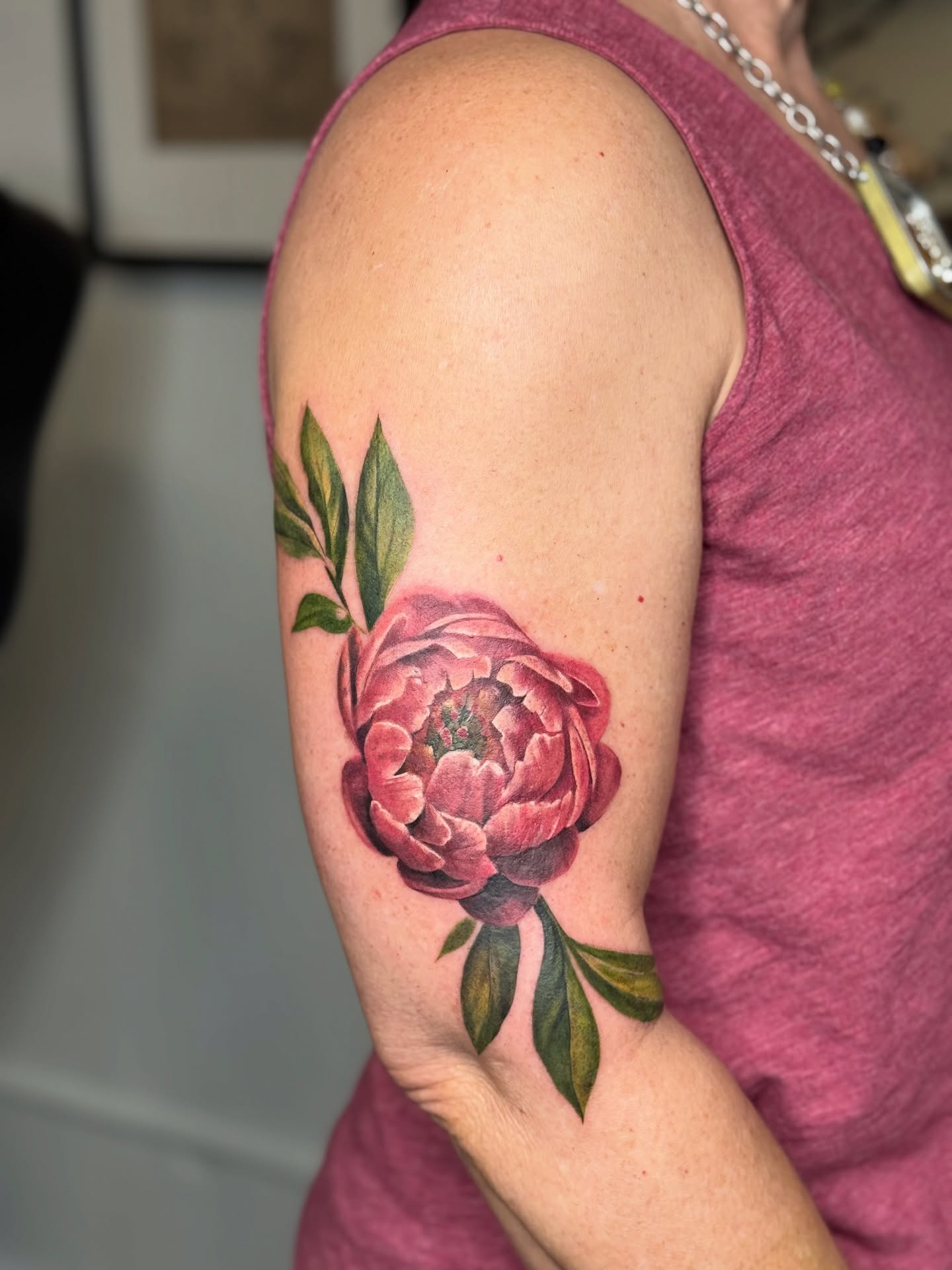 Realistic Pink Peony Upper Arm Tattoo peony tattoos ideas tattoo