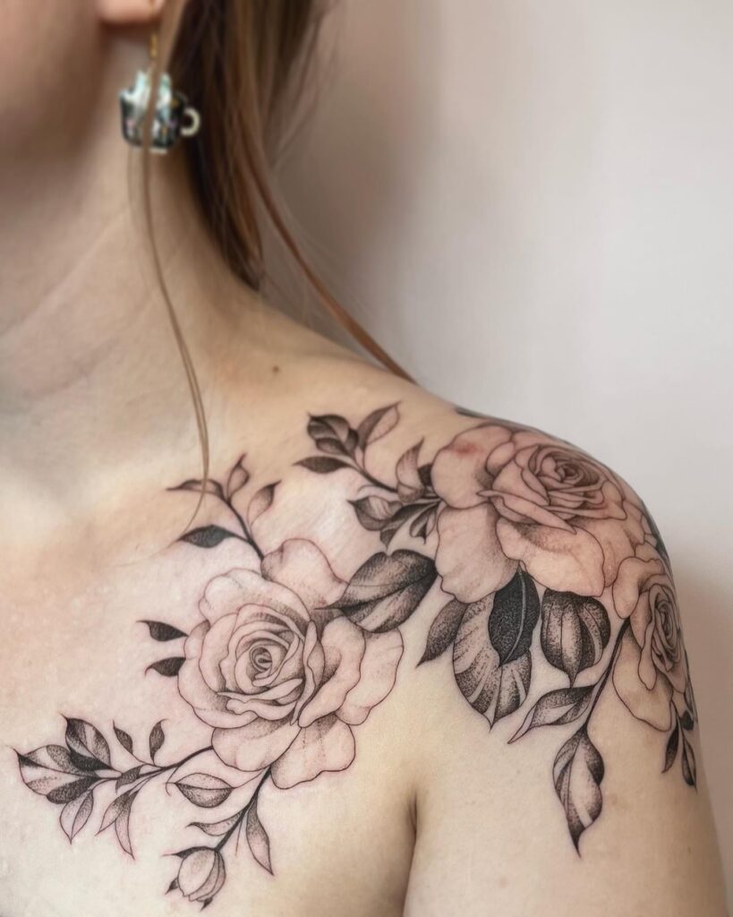 Realistic Rose Shoulder and Collarbone Tattoo women shoulder flower tattoo ideas tattoo