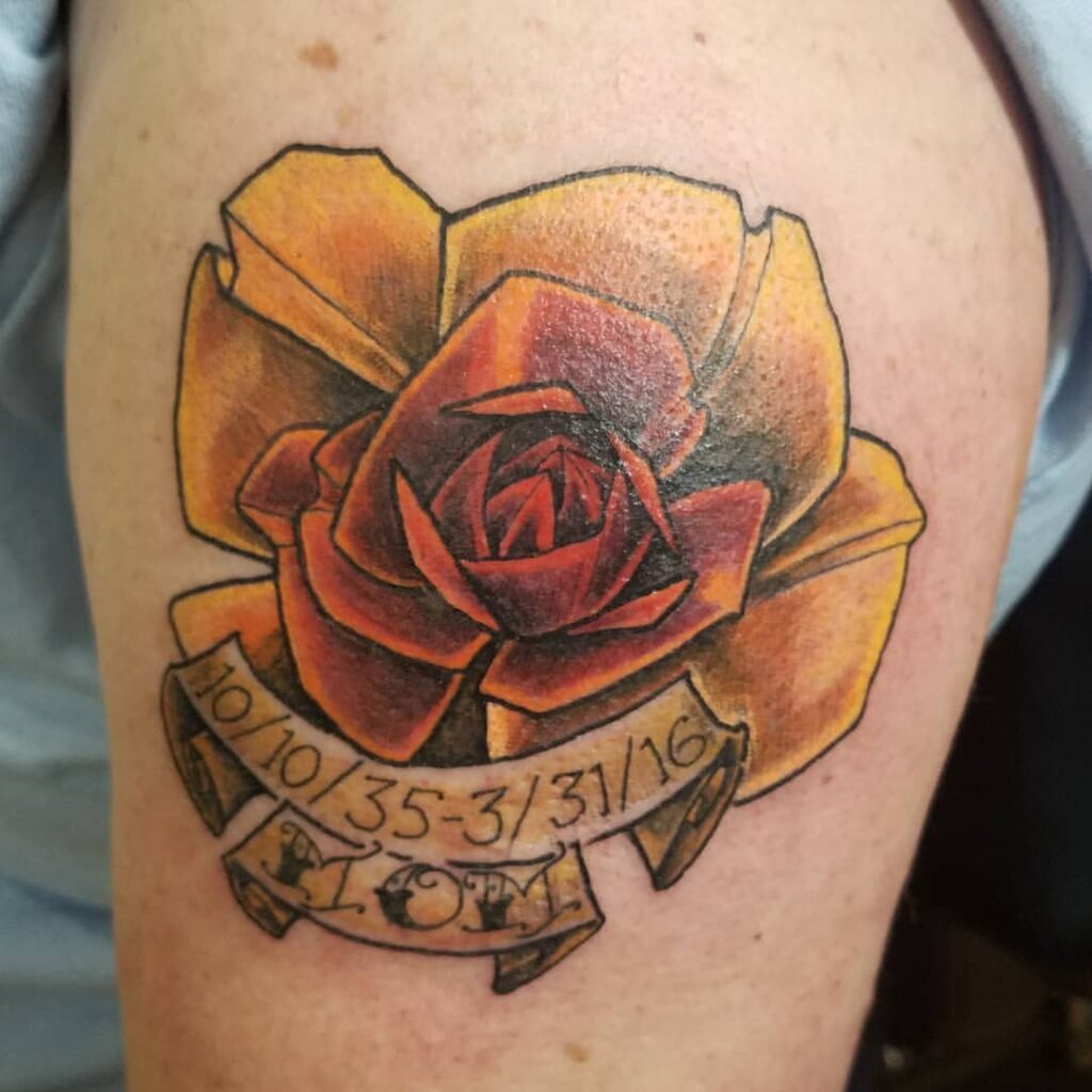 Red & Orange Rose with Dates memorial tattoos tattoo
