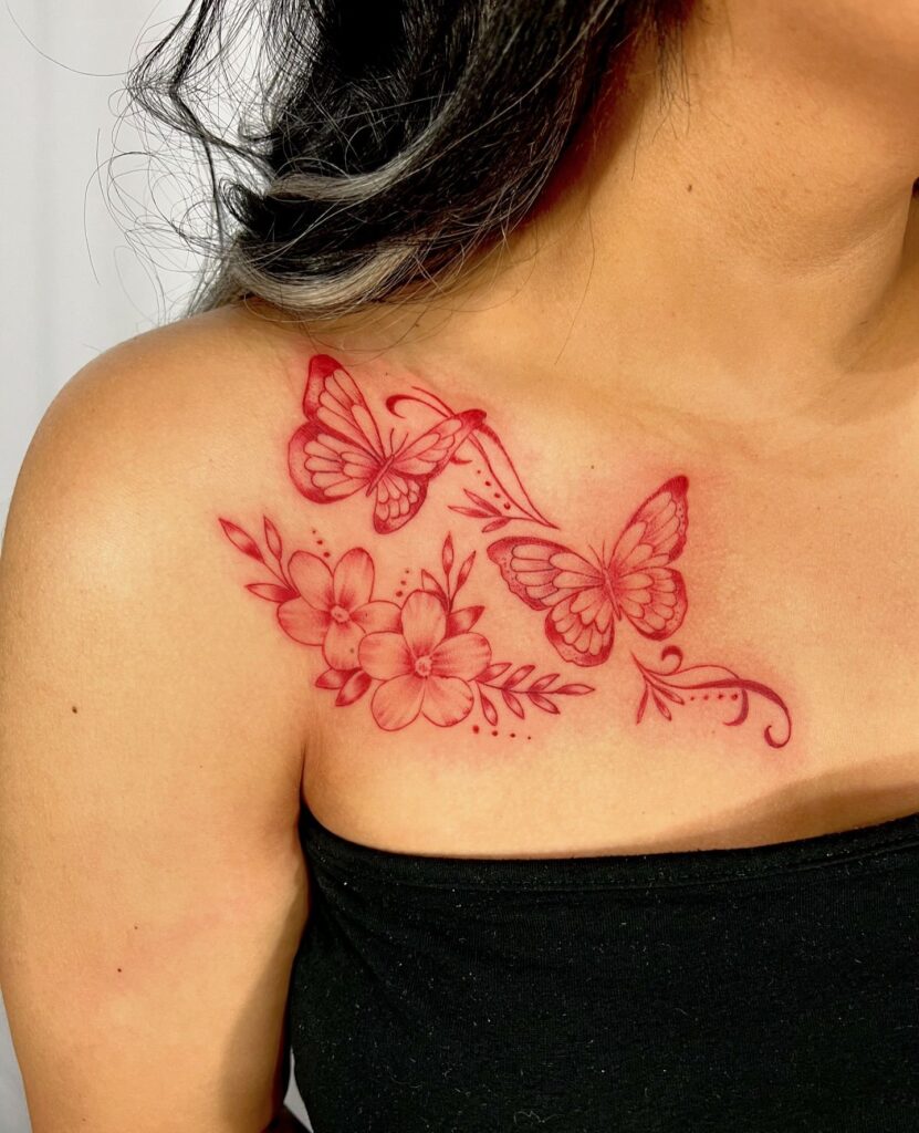 Strawberry And Blossom Collarbone Tattoo