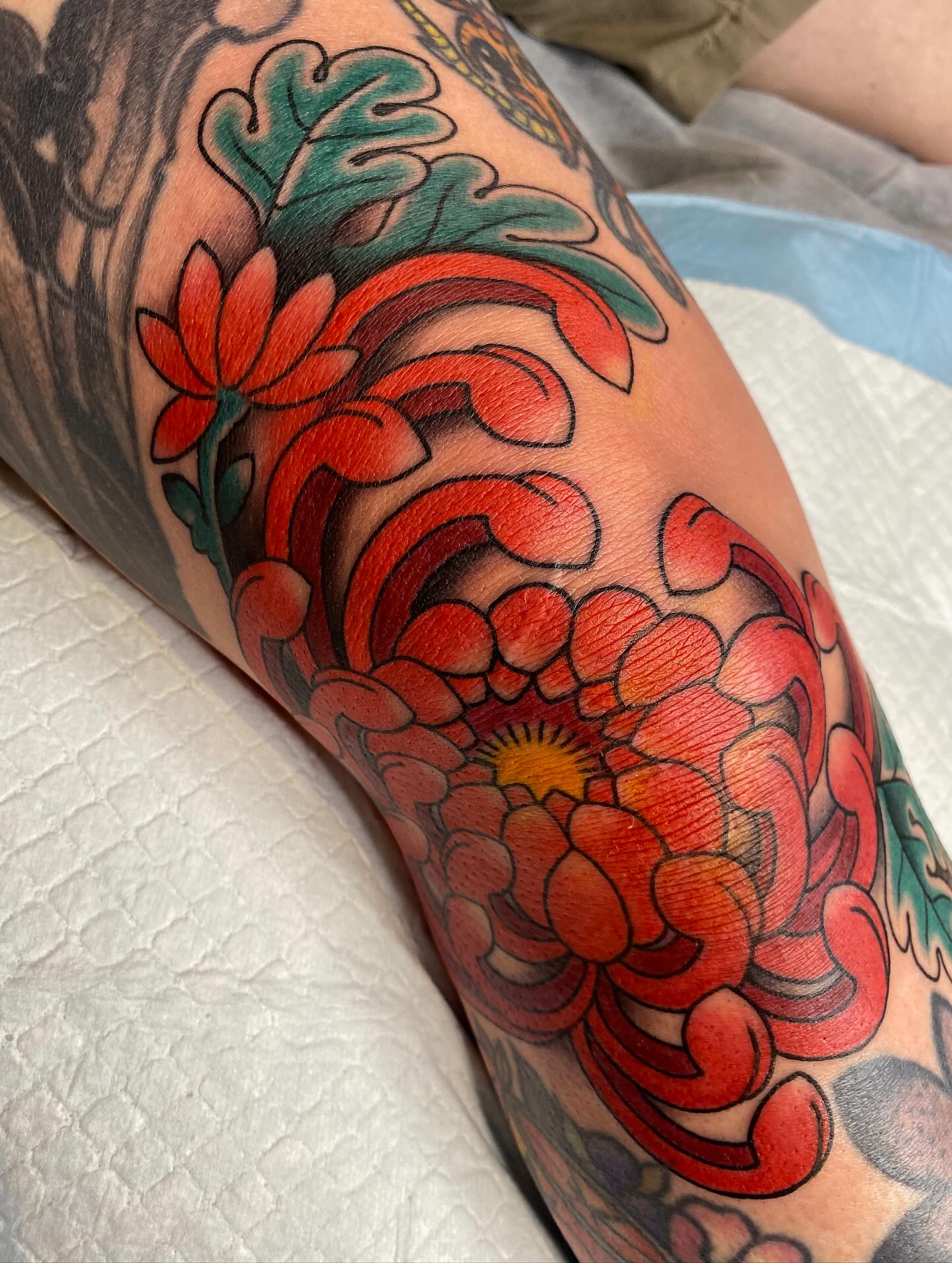Red Chrysanthemum and Maple Leaf Tattoo japanese flower tattoos tattoo