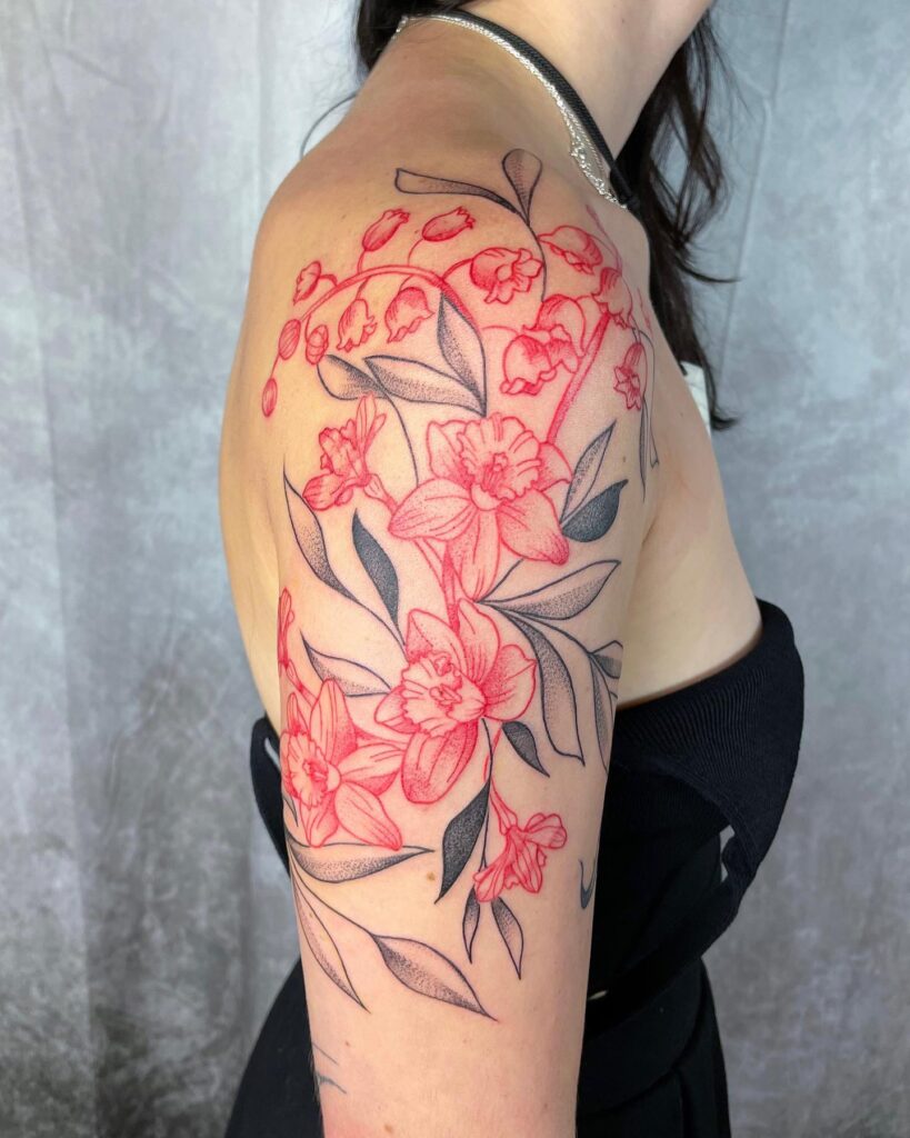 Red Daffodils and Bellflowers Shoulder Tattoo women shoulder flower tattoo ideas tattoo