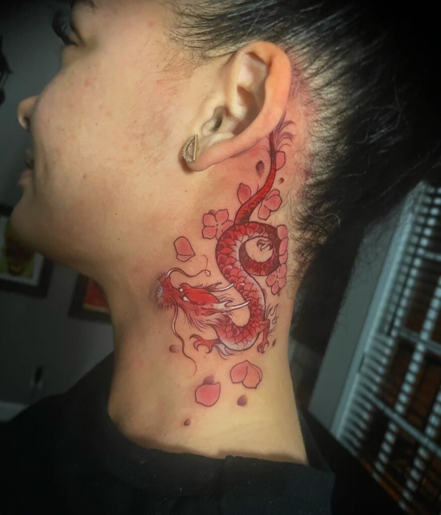 Watercolor Feather And Heart Neck Tattoo