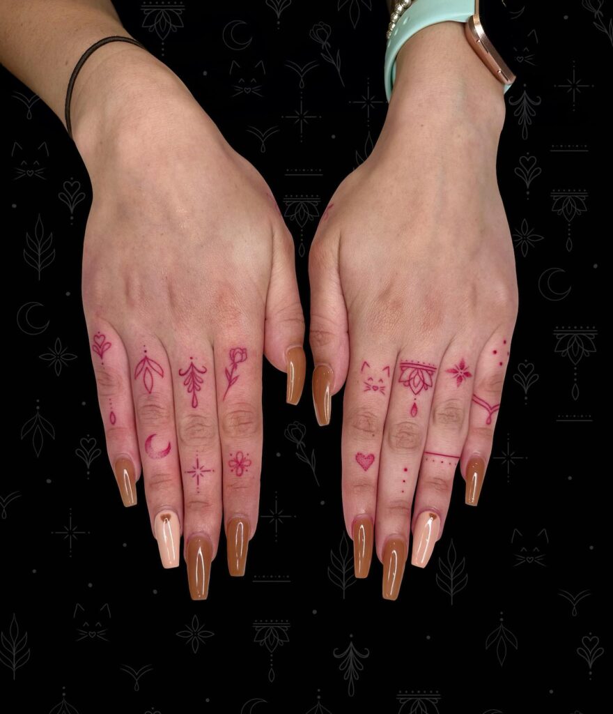 Colorful Flower And Star Finger Tattoos