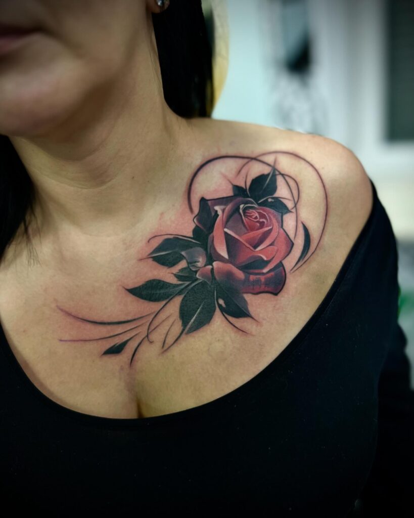 Red Rose and Abstract Linework Tattoo on Chest rose tattoos for women tattoo