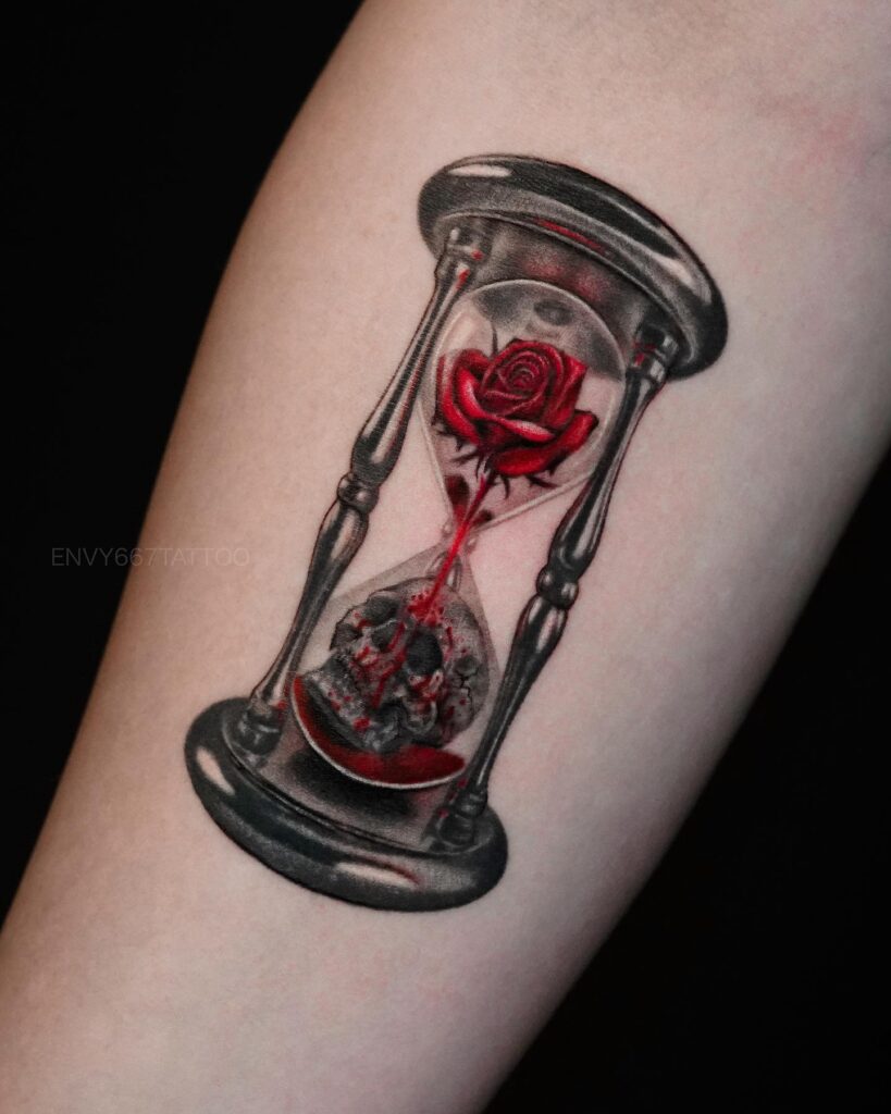Red Rose and Skull Hourglass Tattoo hourglass tattoo ideas tattoo