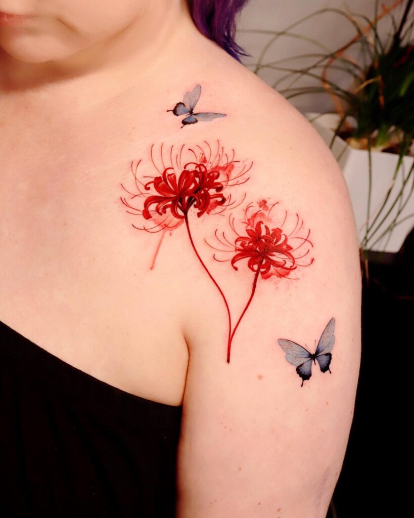 Red Spider Lilies and Blue Butterflies Tattoo women shoulder flower tattoo ideas tattoo
