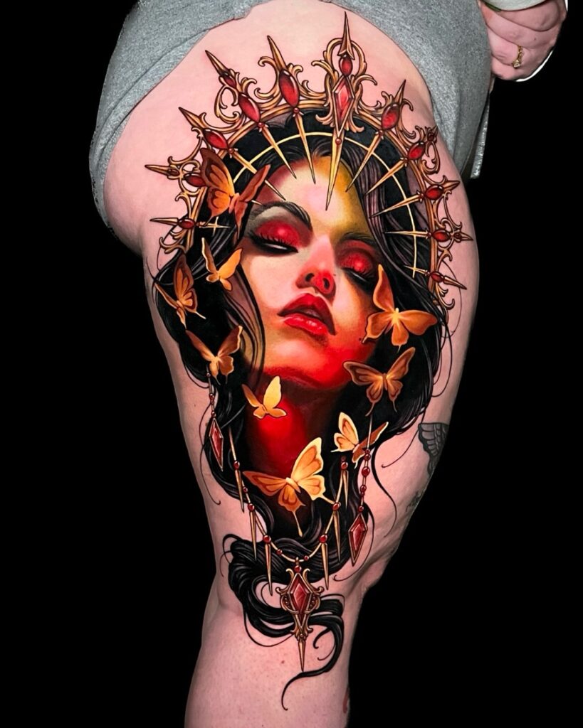 Sapphire Lace Thigh Jewelry Tattoo