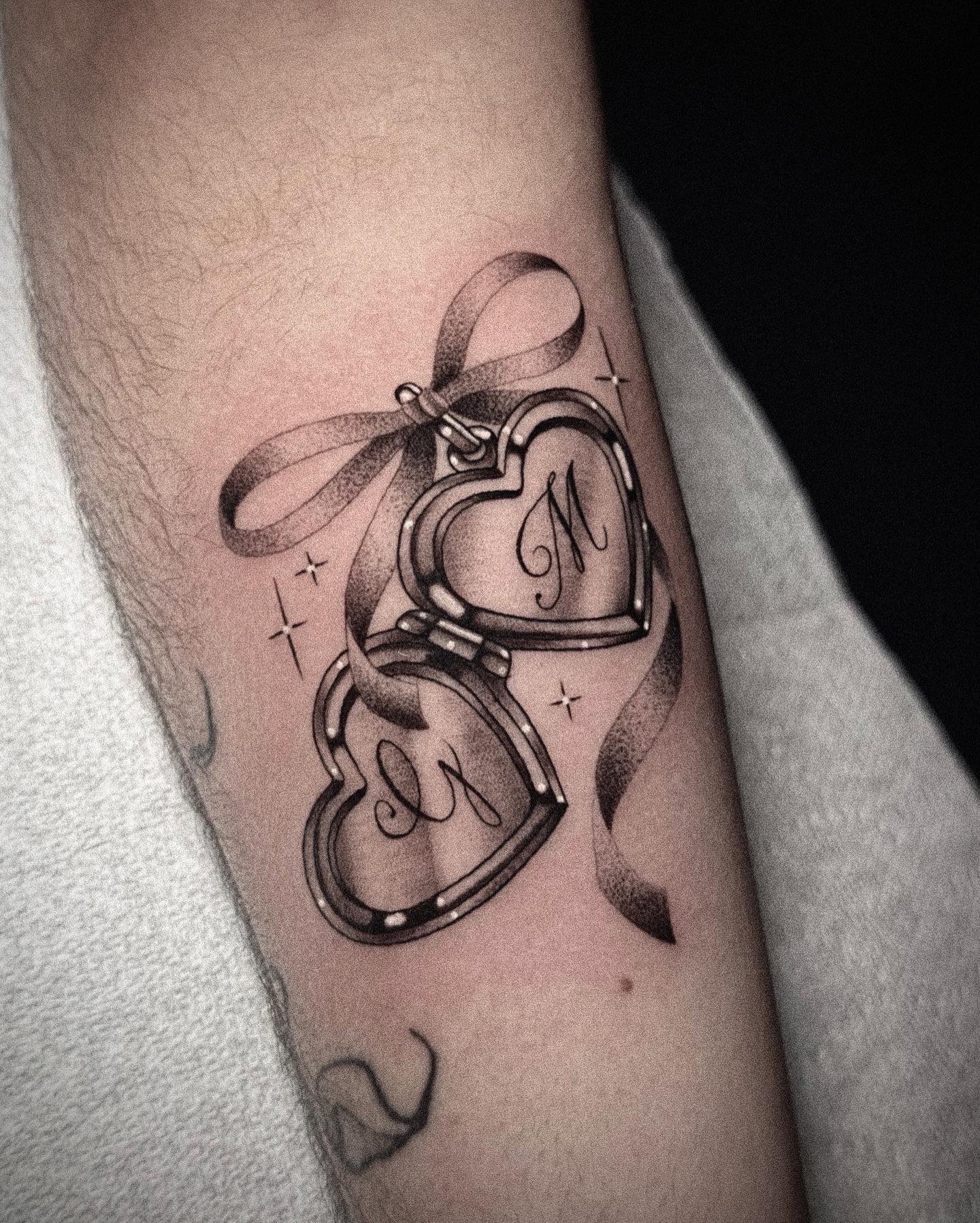 Double Heart Locket Initial Tattoo
