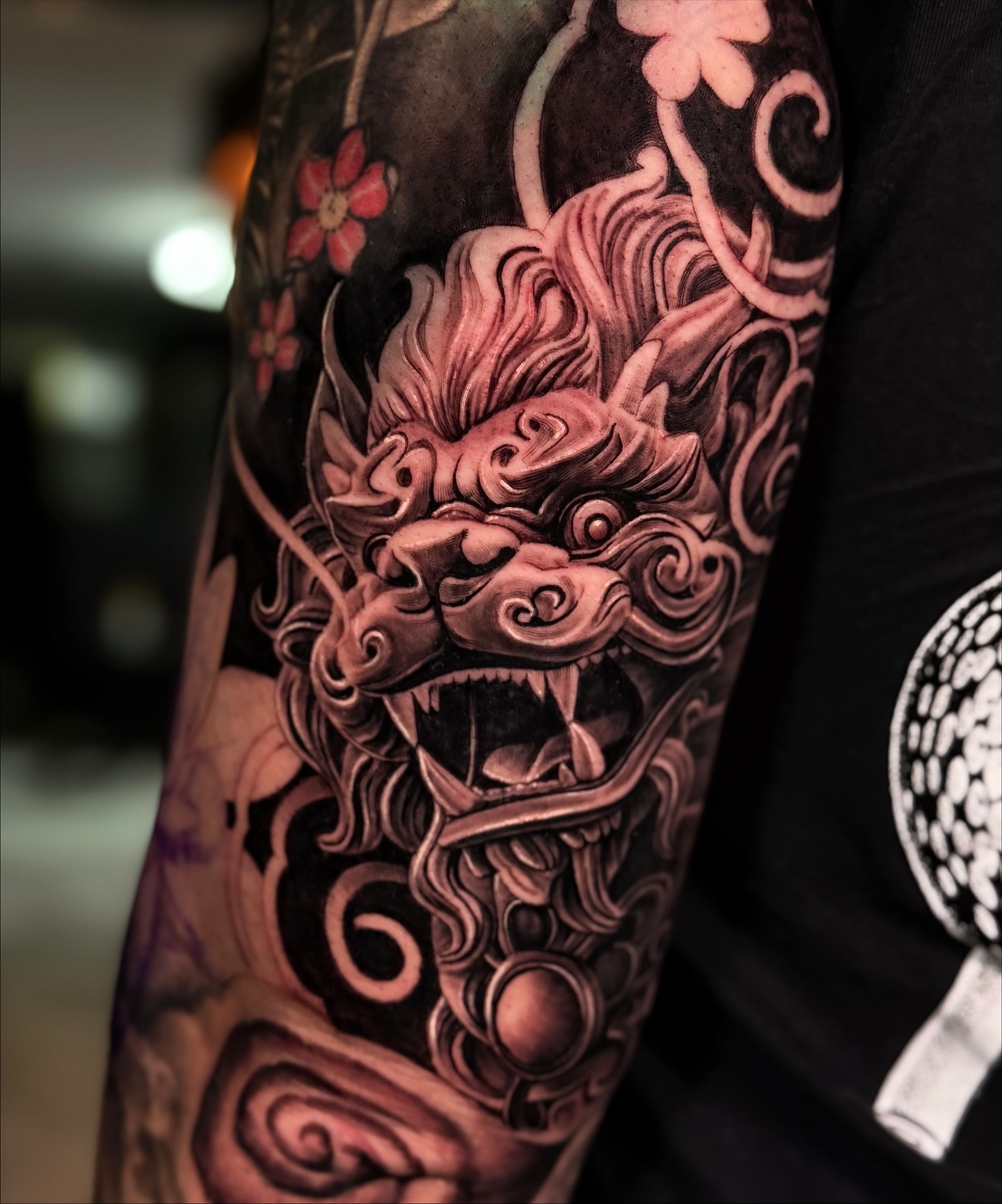 Fiery Polka Dot Foo Dog Tattoo