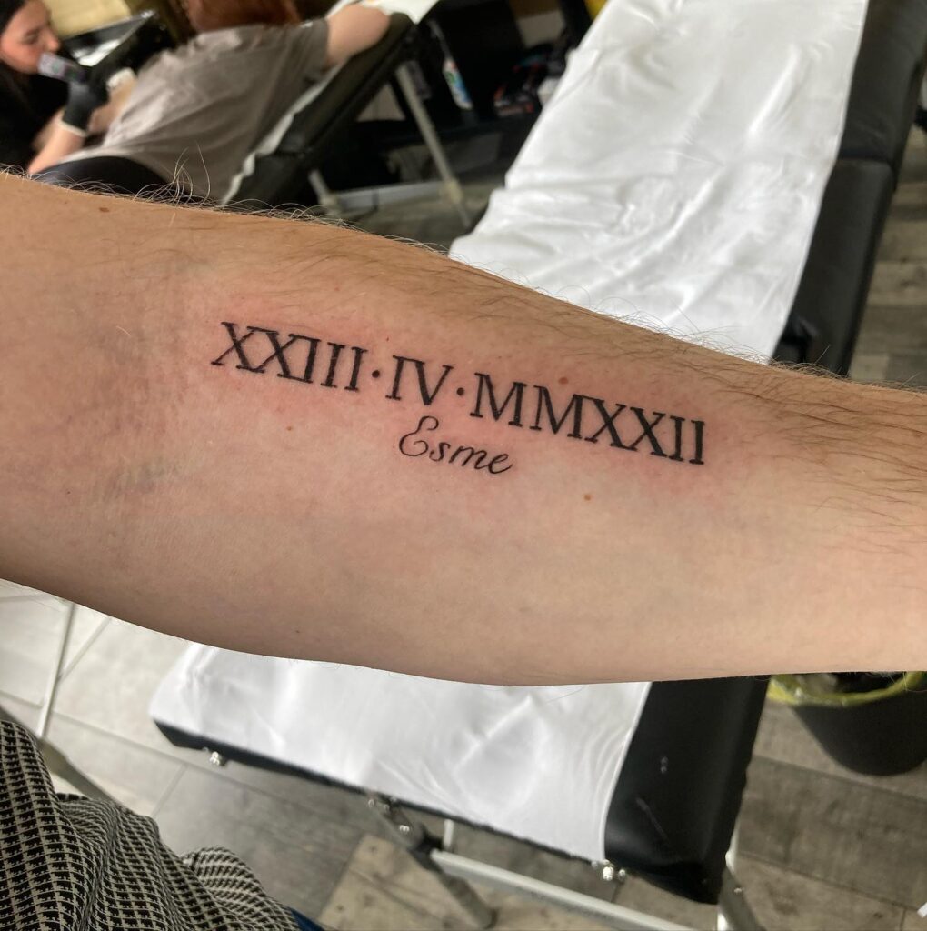 Bold Name and Birthdate Forearm Tattoo date tattoos tattoo