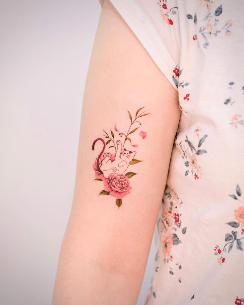 Romantic Floral Cat Tattoo small cat tattoos tattoo