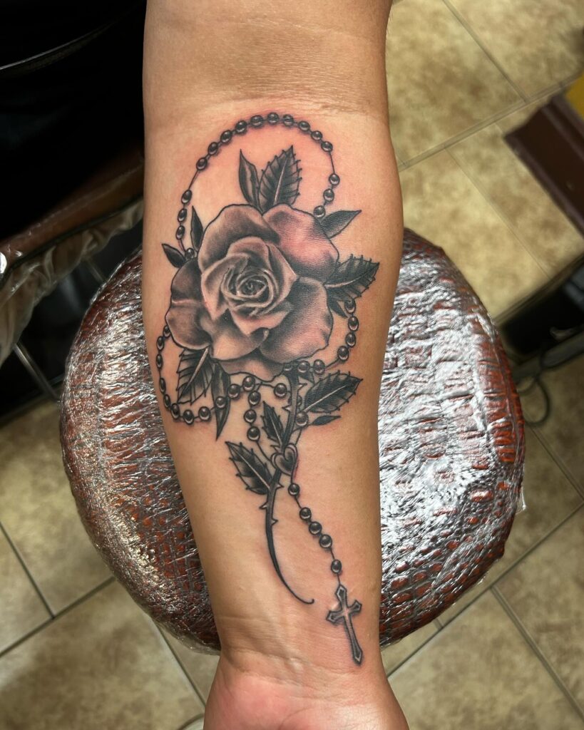 Dark Rosary Wrap Tattoo With Crucifix