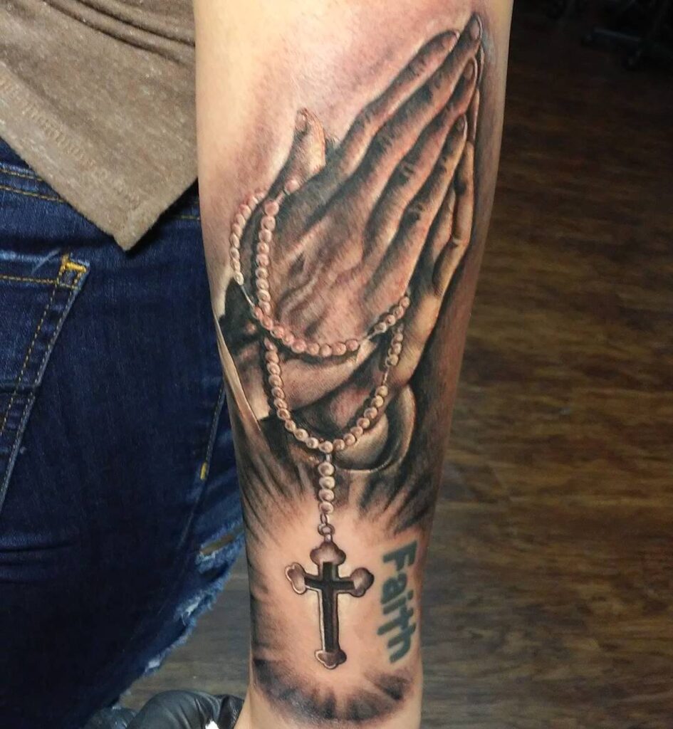 Rosary Praying Hands with Faith Forearm Tattoo praying hands tattoos tattoo