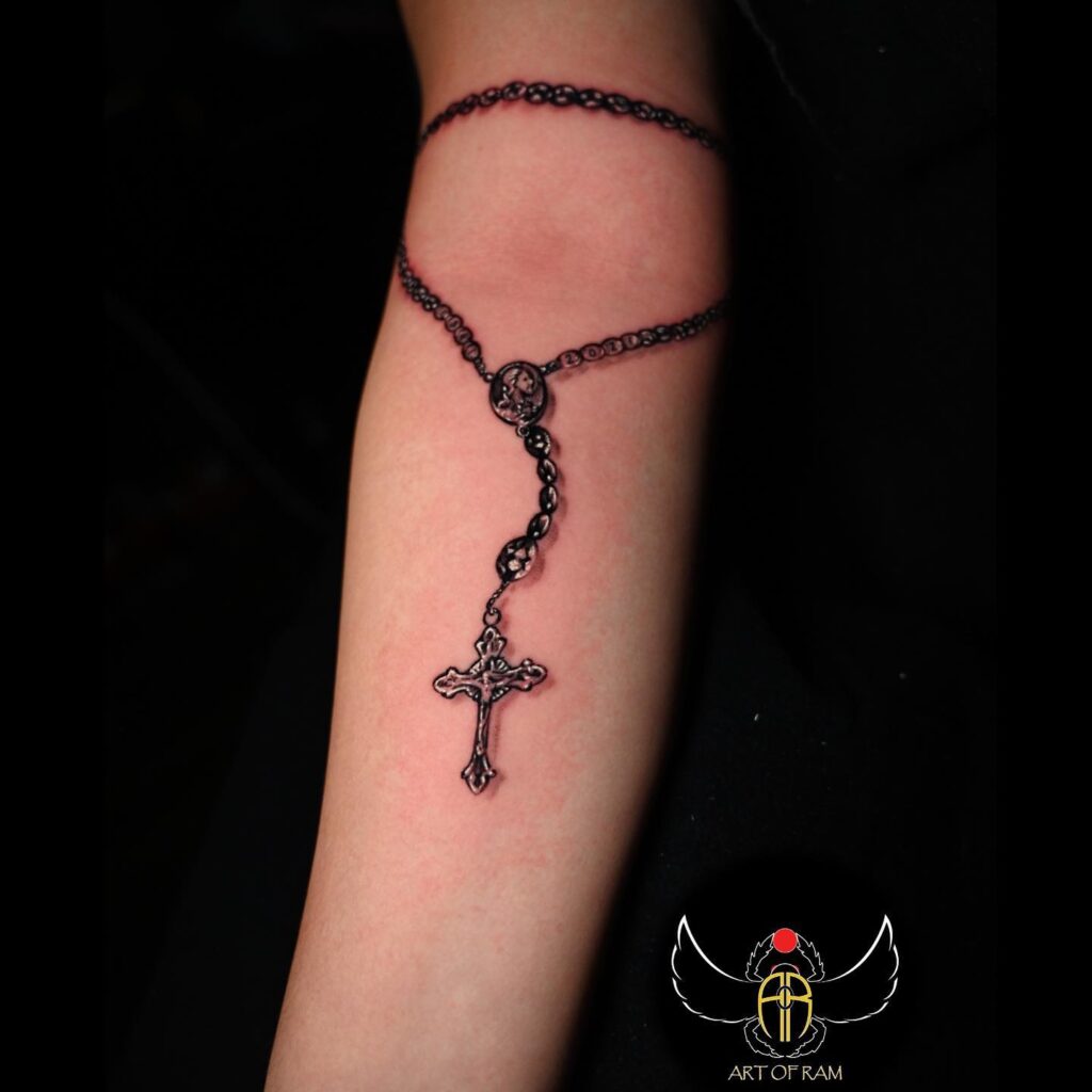 Heart-Shaped Rosary With Sacred Heart Tattoo