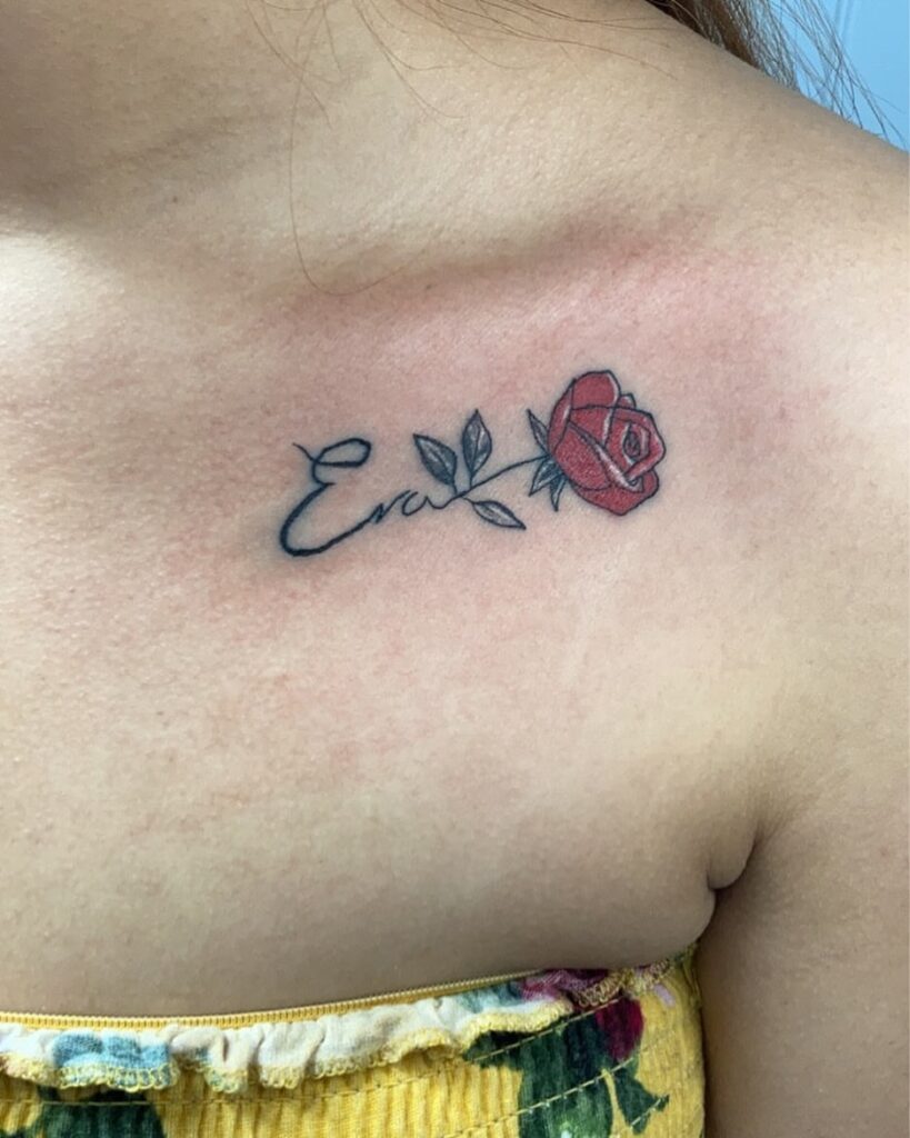 Rose & Name Collarbone Tattoo