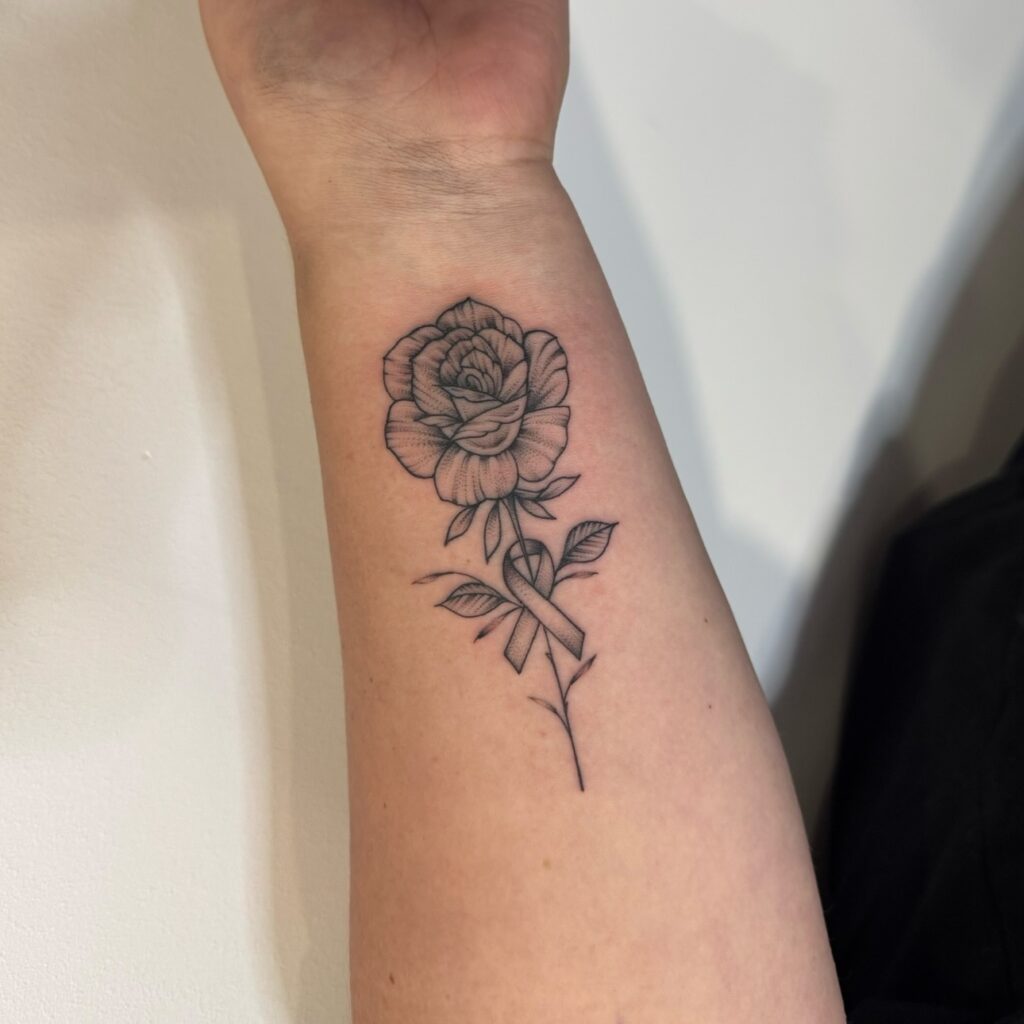 Rose and Awareness Ribbon Wrist Tattoo flower wrist tattoo ideas tattoo