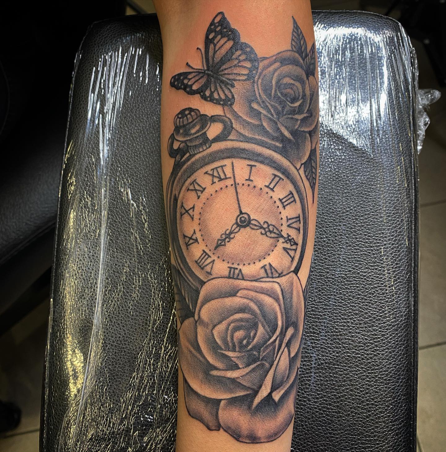 Rose and Butterfly Clock Tattoo clock tattoo ideas tattoo