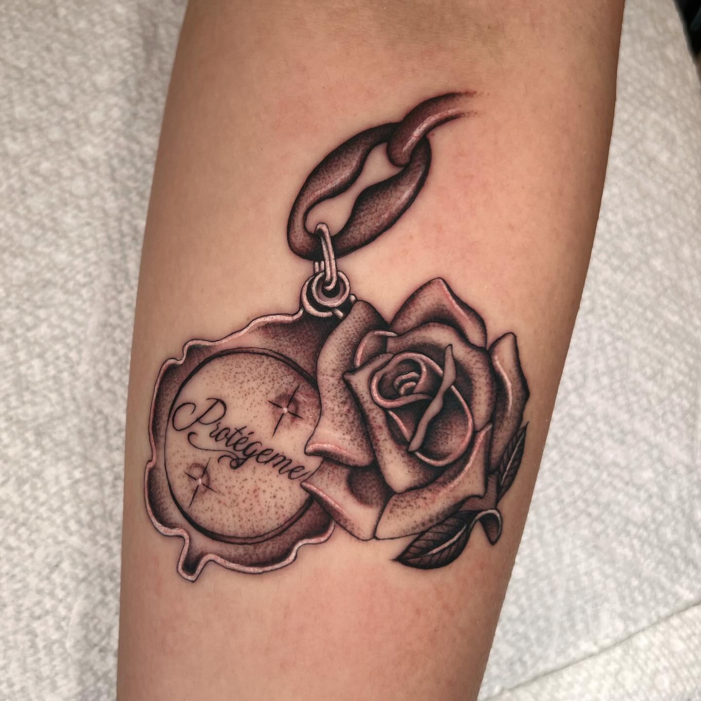 Ribbon Heart Locket Initial Tattoo
