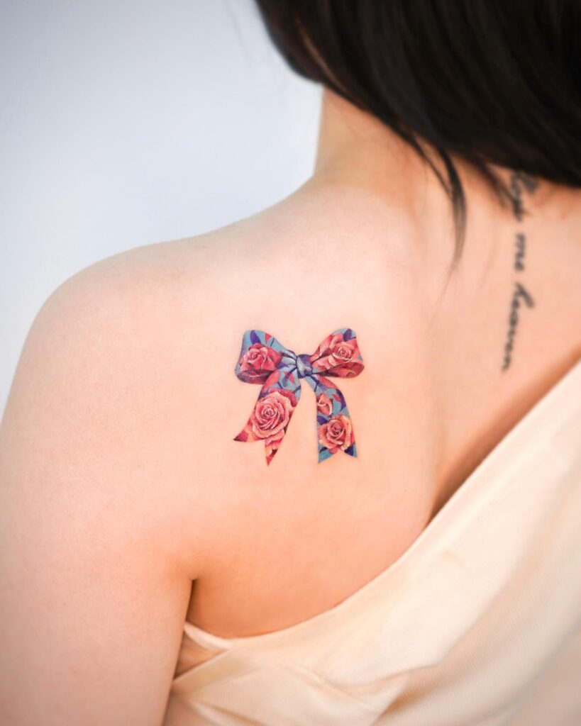Rose Bow Tattoo on Shoulder Blade rose tattoos for women tattoo