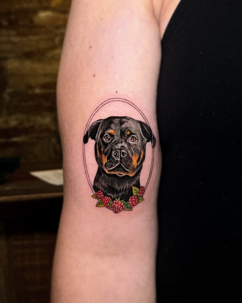 Rottweiler Portrait with Floral Accents Tattoo dog memorial tattoos tattoo