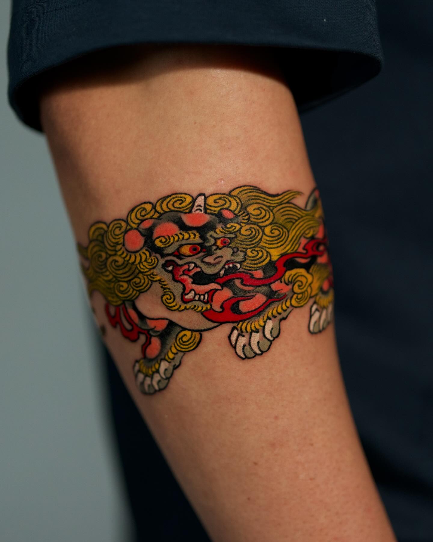 Colorful Traditional Foo Dog Tattoo
