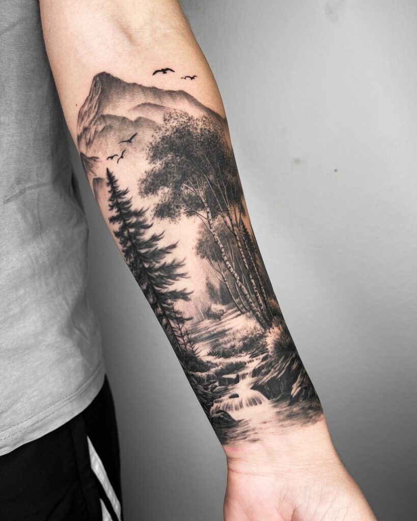 Rushing Alpine River Through Granite Gorges nature scene tattoo