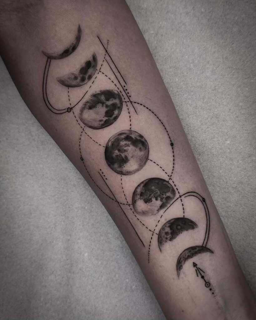 Geometric moon phases forearm tattoo