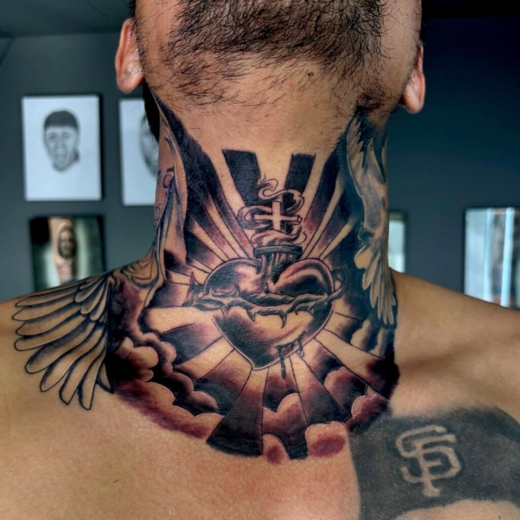 Fierce Oni Mask Neck Tattoo