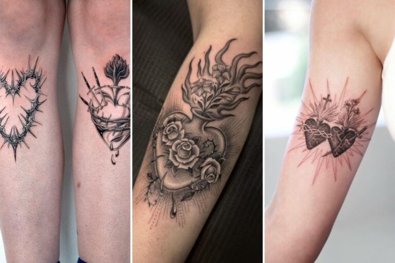 Aesthetic sacred heart tattoo ideas and delicate ink ideas collage