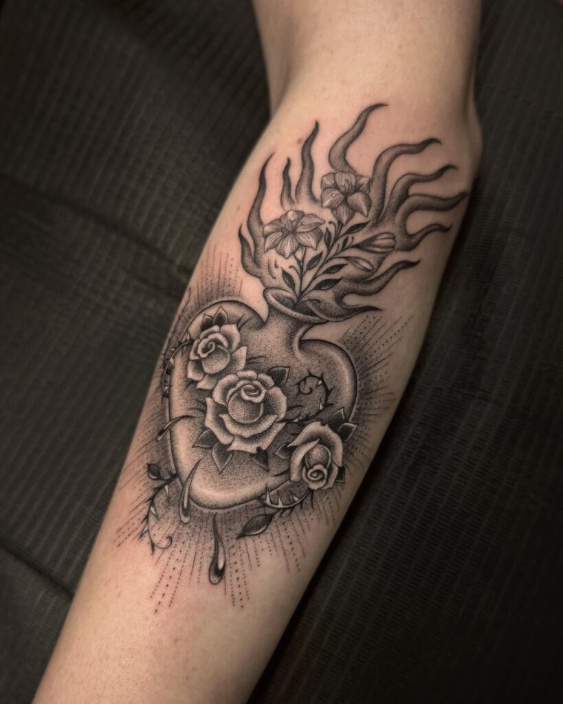Sacred Heart with Ornate Flames and Gold Detailing Tattoo sacred heart tattoo ideas tattoo