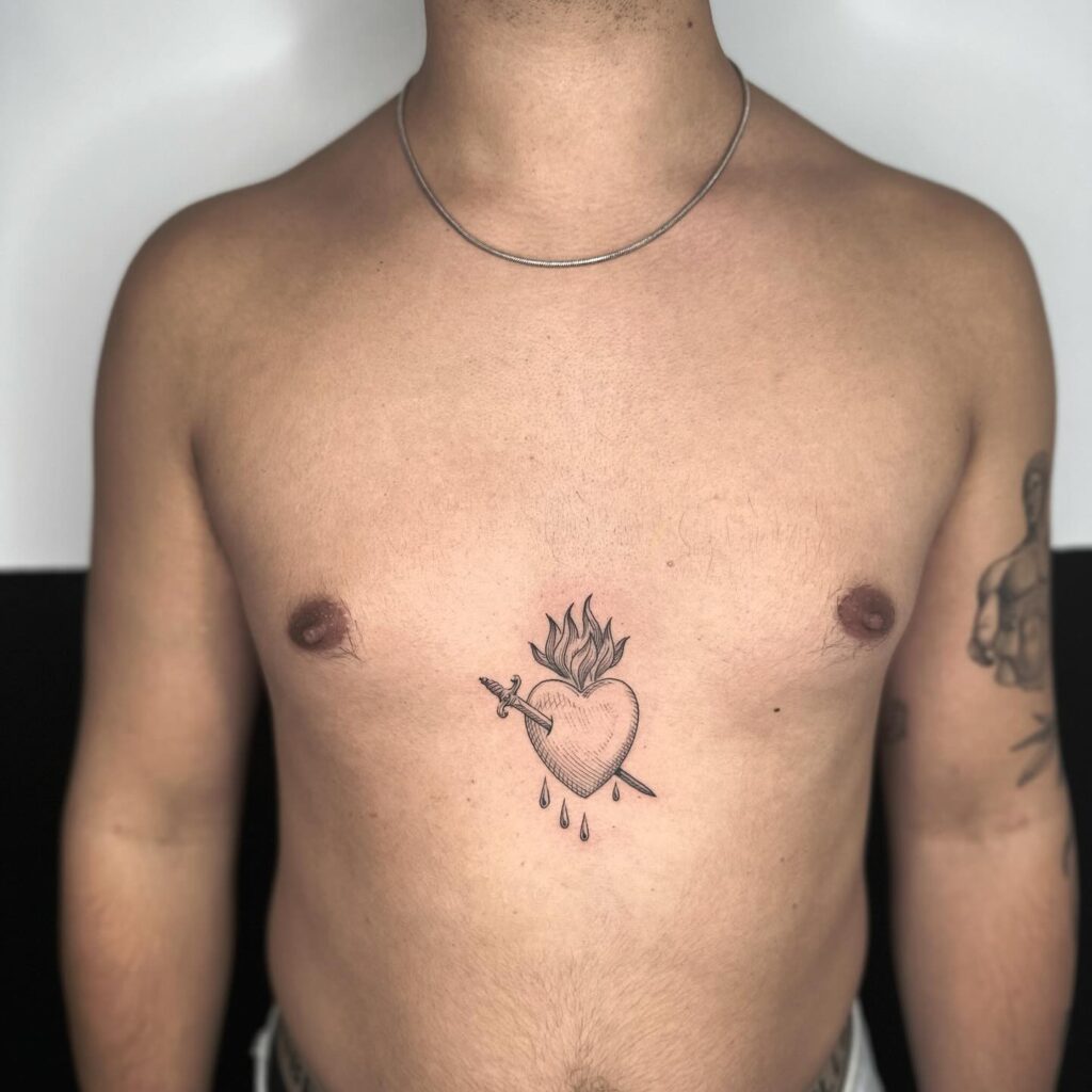 Sacred Heart with Sunset Landscape Tattoo sacred heart tattoo ideas tattoo