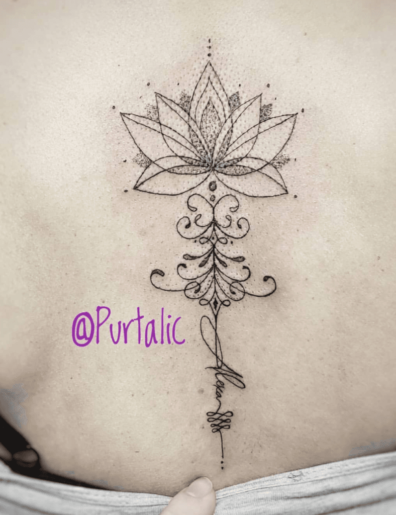Sacred Lotus Bloom with Name Stalk kids name tattoo