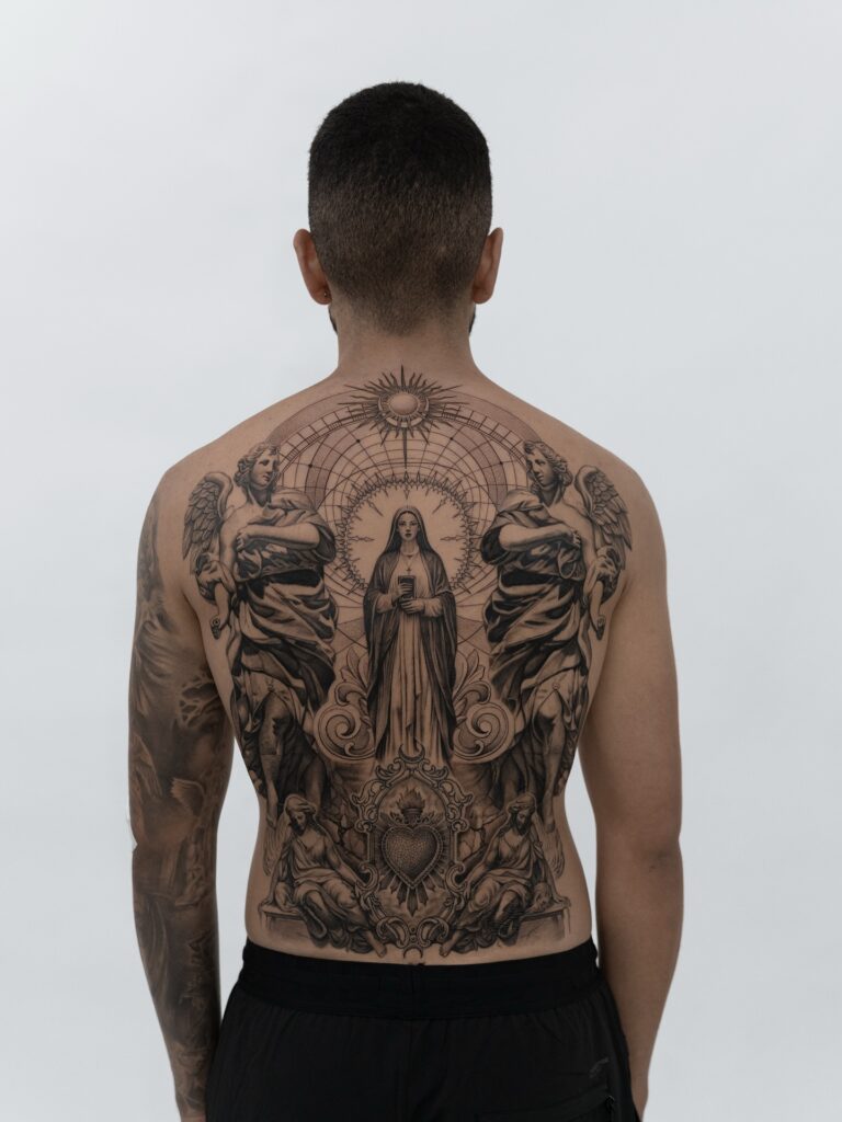 Sacred Virgin and Angels Back Tattoo back tattoos for guys tattoo