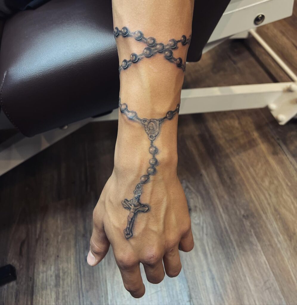 Realistic Rosary Bracelet Hand Tattoo