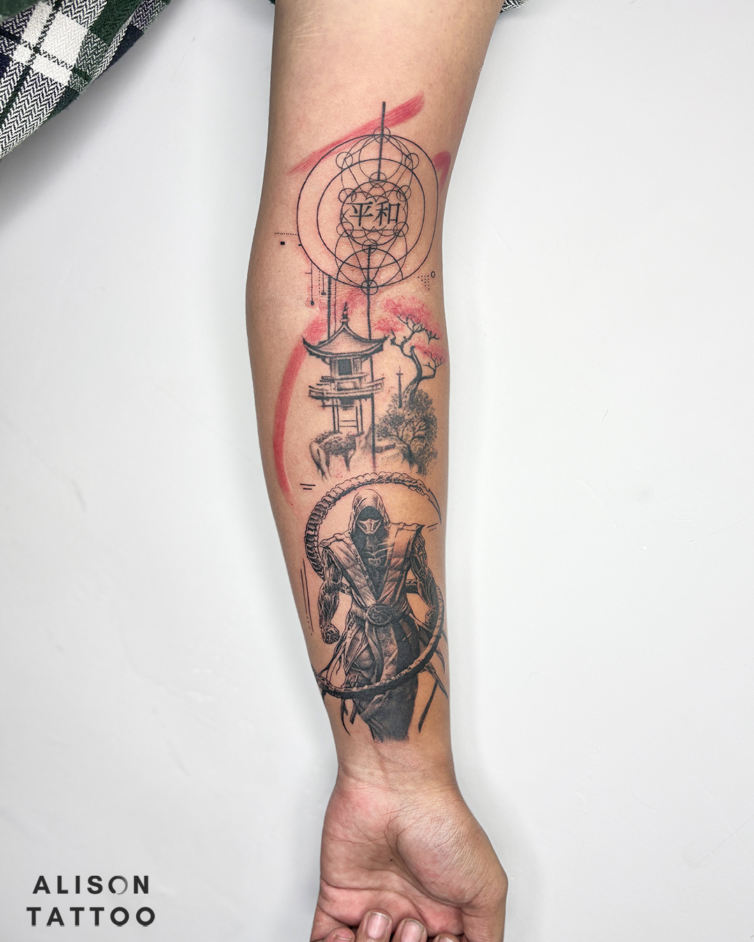 Samurai Temple Sleeve Tattoo