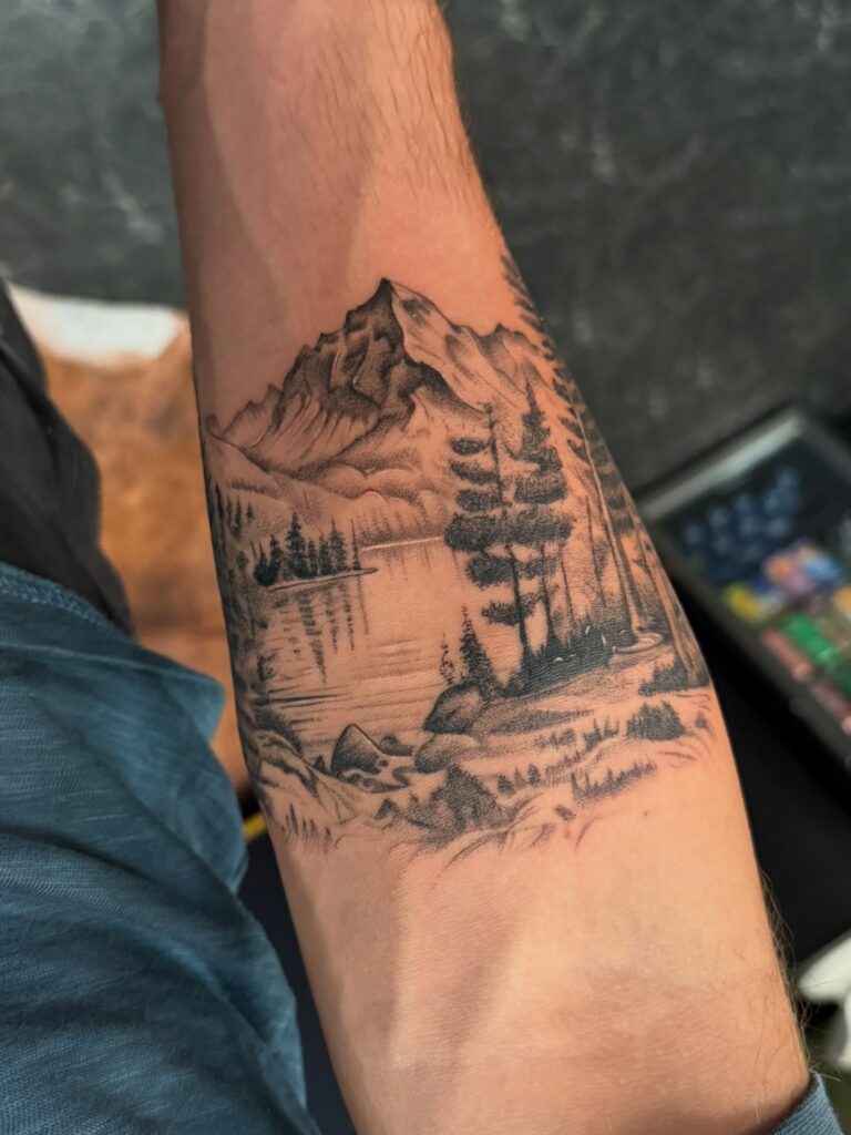 Scenic Mountain Lake Panoramic Panel nature scene tattoo