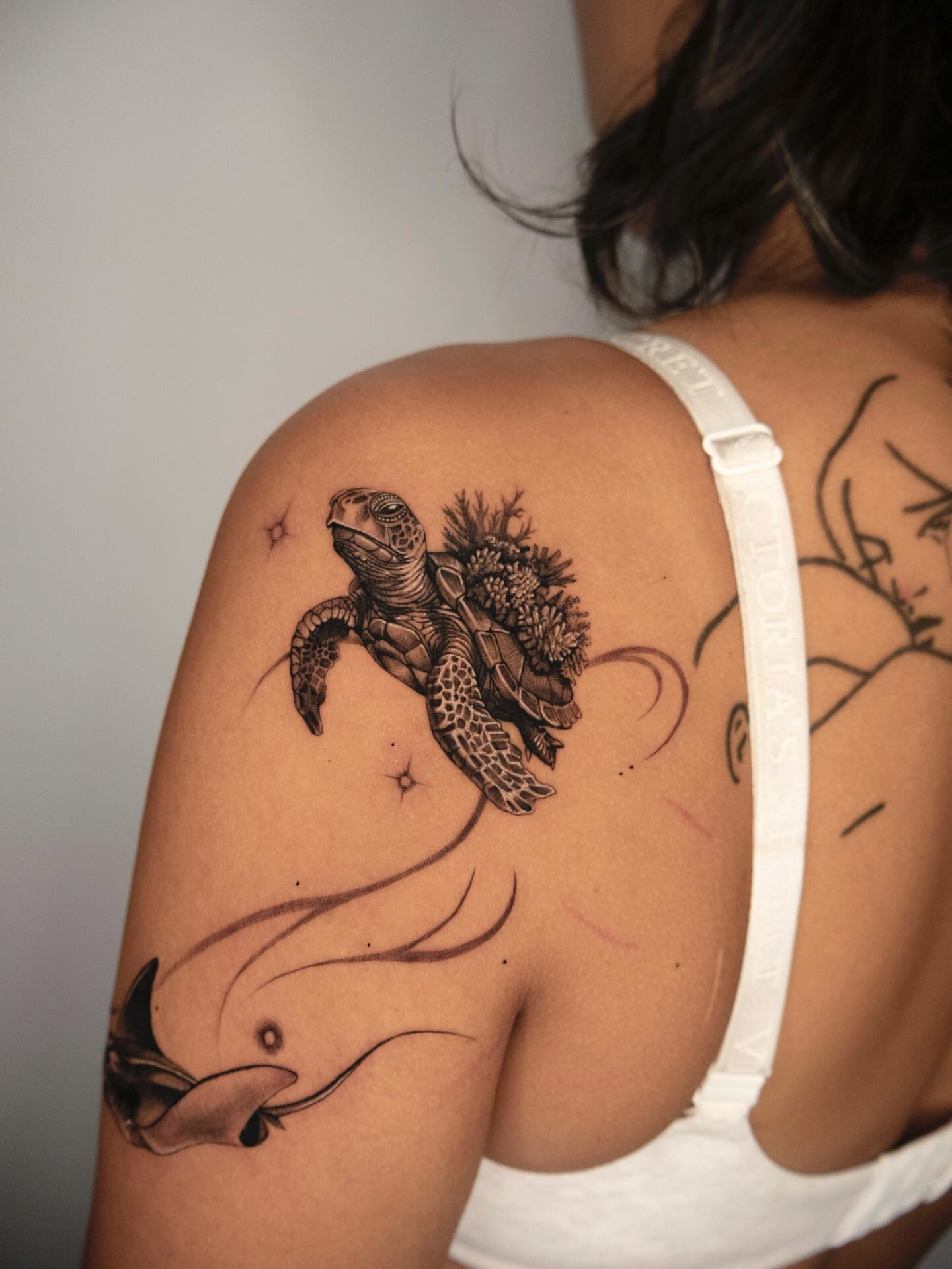 Sea Turtle and Branching Coral Reef sea turtle tattoo