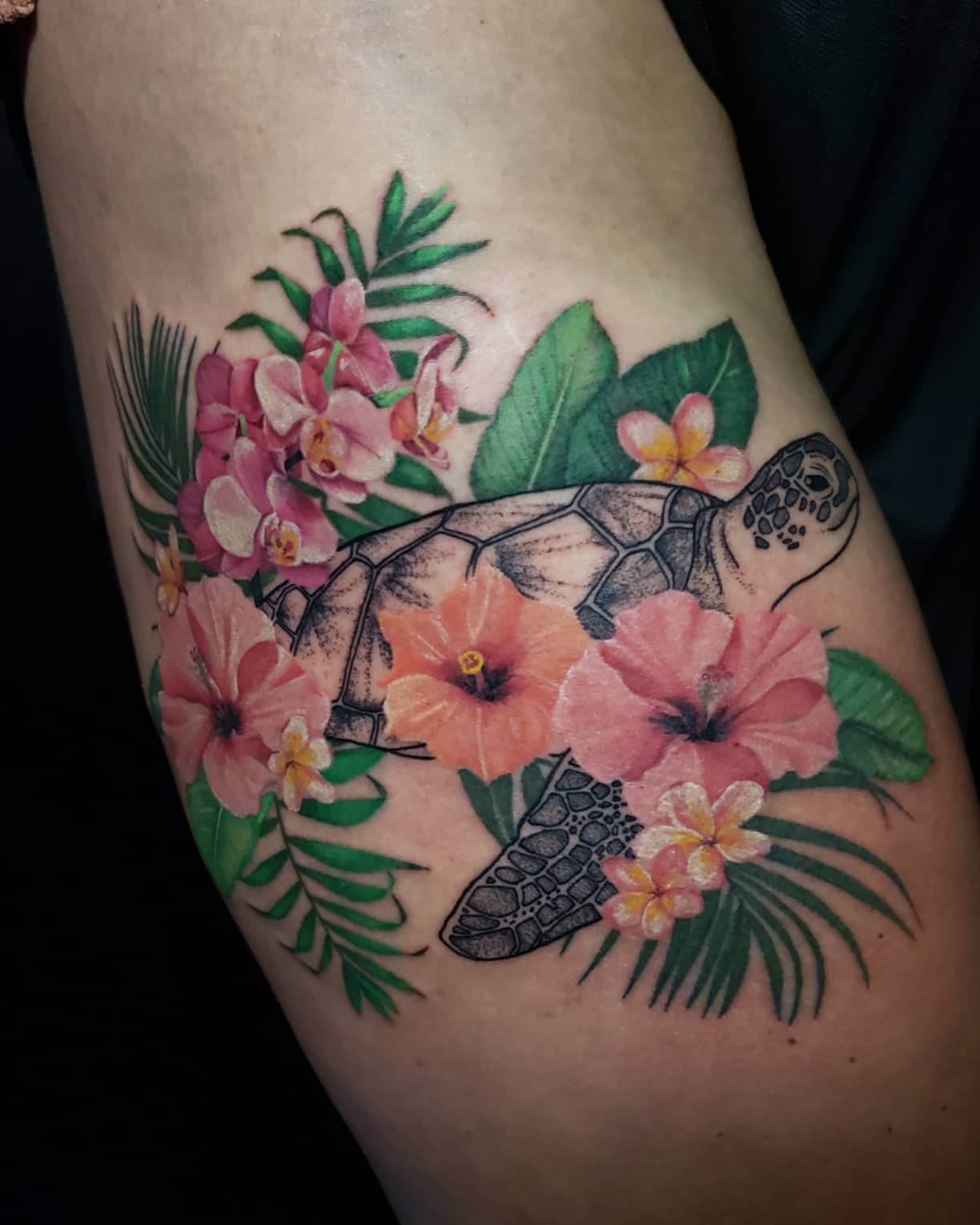 Sea Turtle Framed by Tropical Hibiscus Blossoms sea turtle tattoo