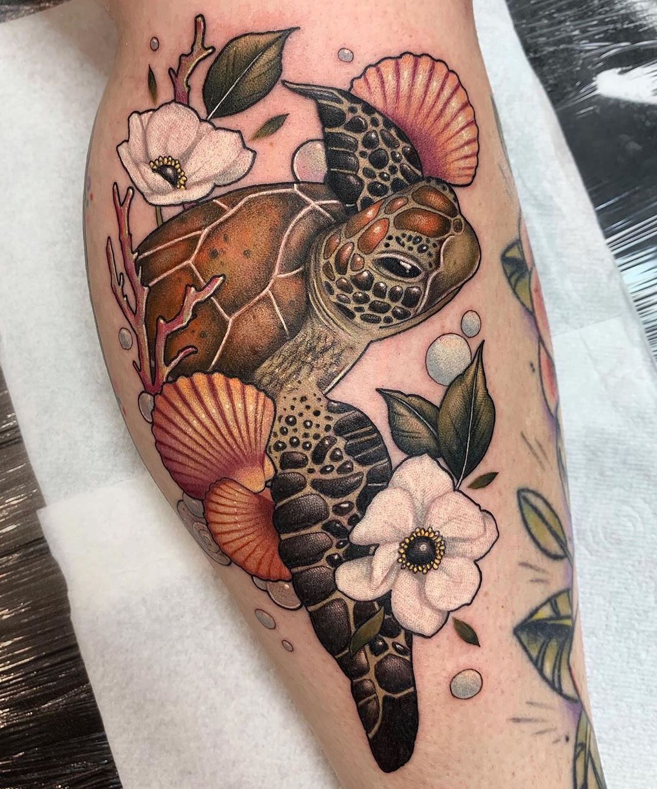 Sea Turtle with Tropical Botanicals and Shells sea turtle tattoo