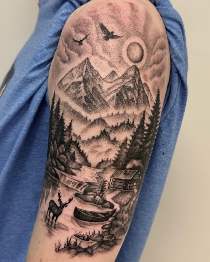 Secluded Log Cabin on Mirror Lake nature scene tattoo
