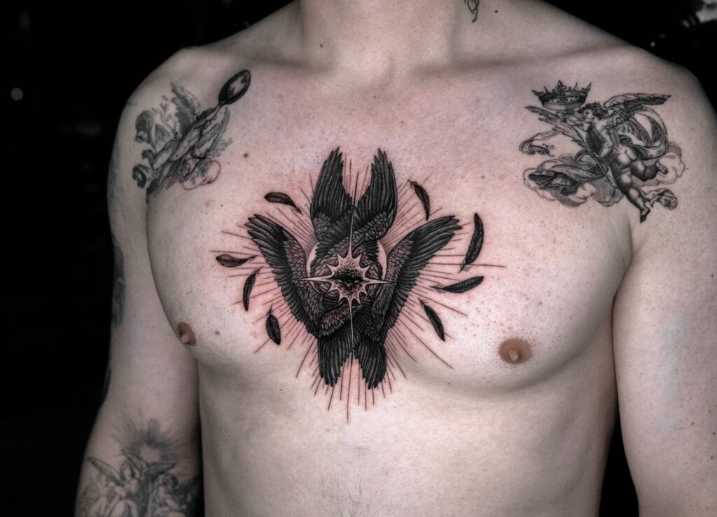 Seraphim Chest Tattoo with Radiant Core seraphim angel tattoo ideas tattoo