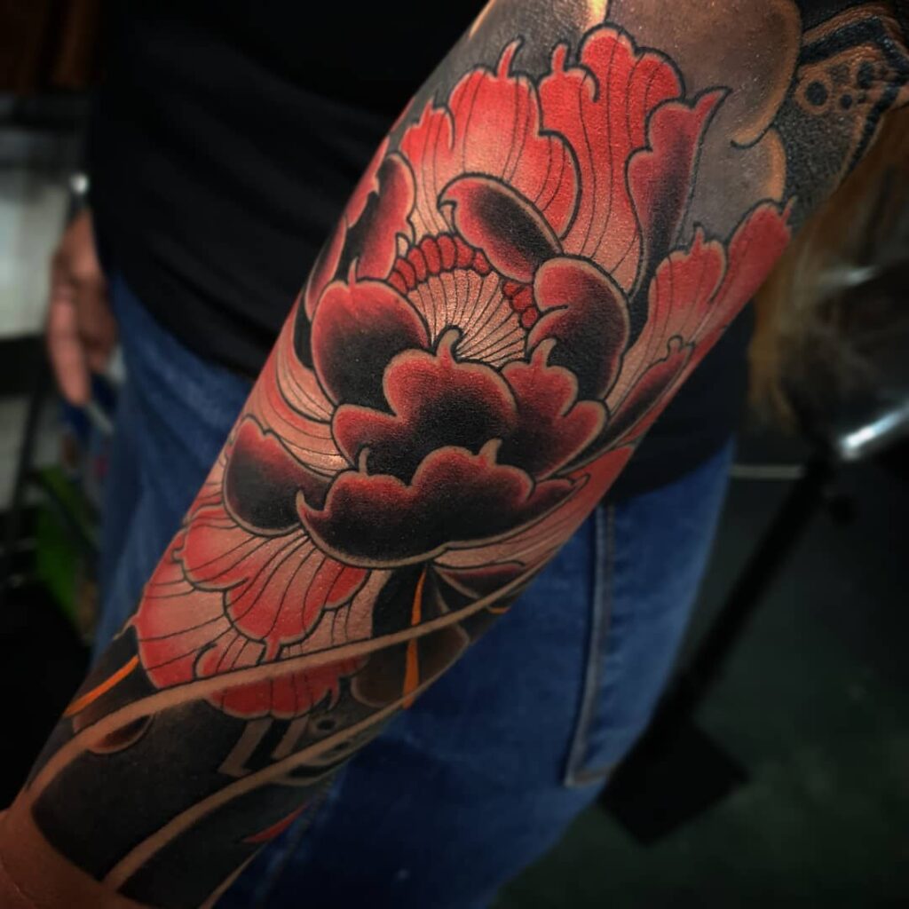 Shaded Crimson Peony Forearm Tattoo japanese peony tattoos tattoo