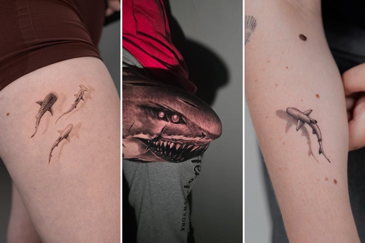 Aesthetic shark tattoo ideas and delicate ink ideas collage