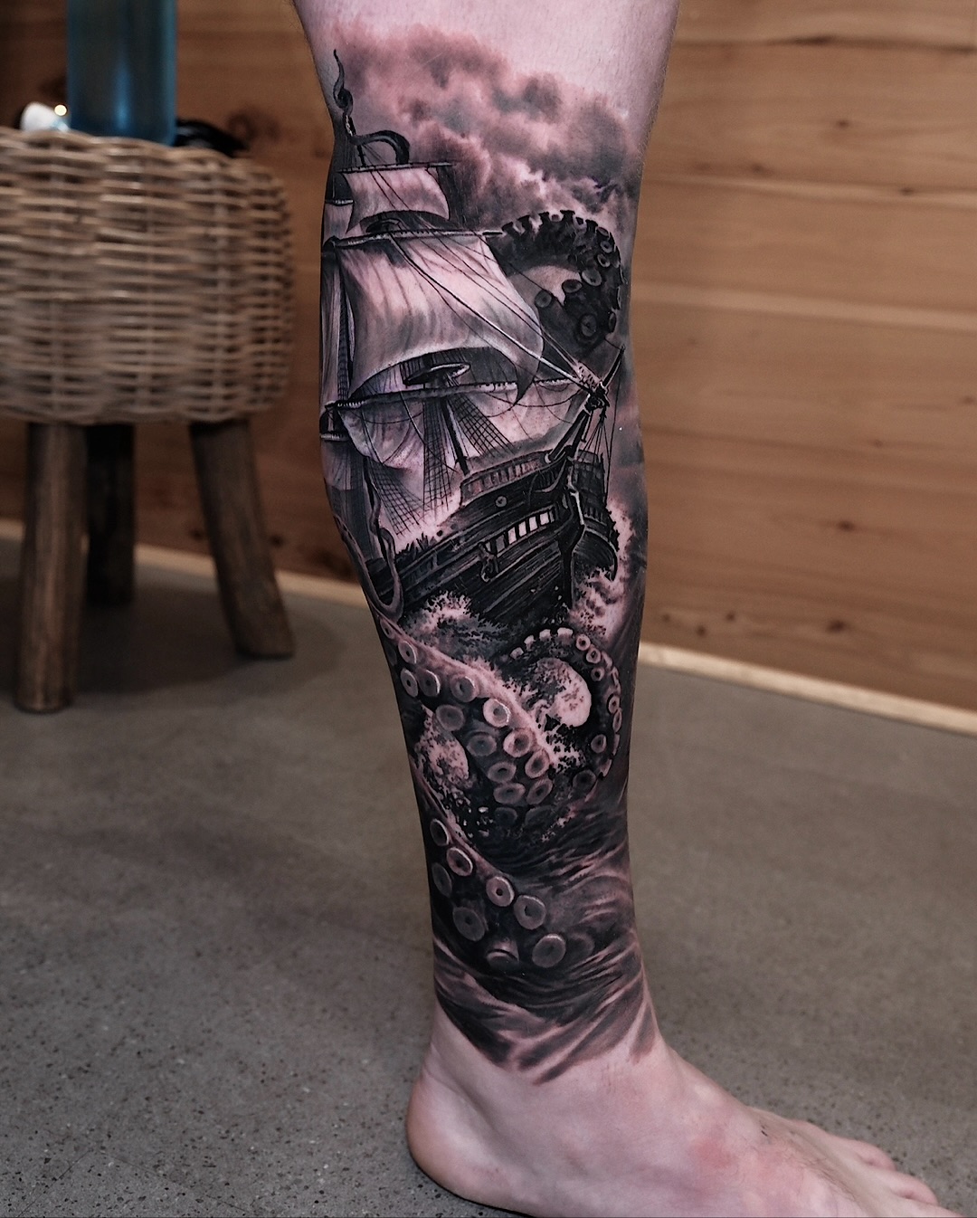 Traditional Clipper Ship With Seabirds Tattoo